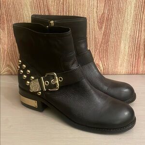 Vince Camuto Women’s Windetta Black Leather Ankle Boots with Gold Accents